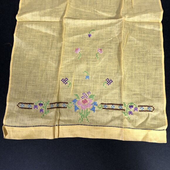 Vintage Tea Towel Yellow Cross Stitch Flowers Retro Shabby Chic Small Embroidery - Picture 5 of 8